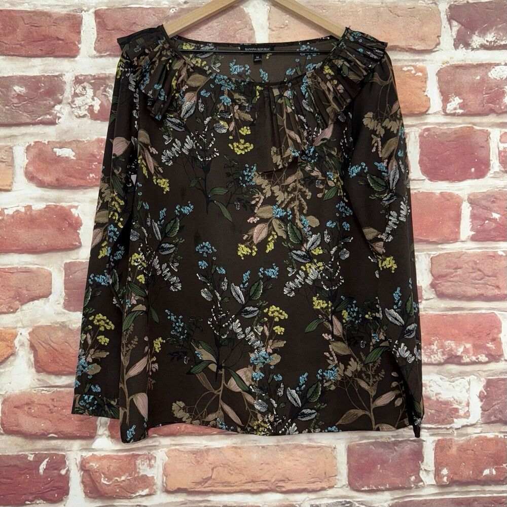 Banana Republic Top Women's Medium Brown Multicolor Floral Pleated Neck Shirt